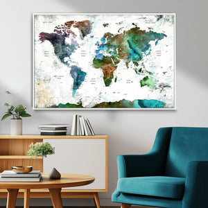 Modern Watercolor World Map Canvas Wall Art – Framed