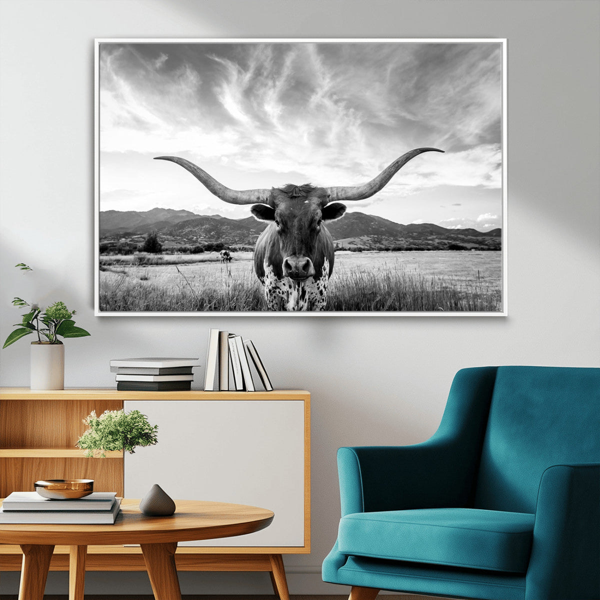 Longhorn Black and White Wall Art – Rustic Western Bull