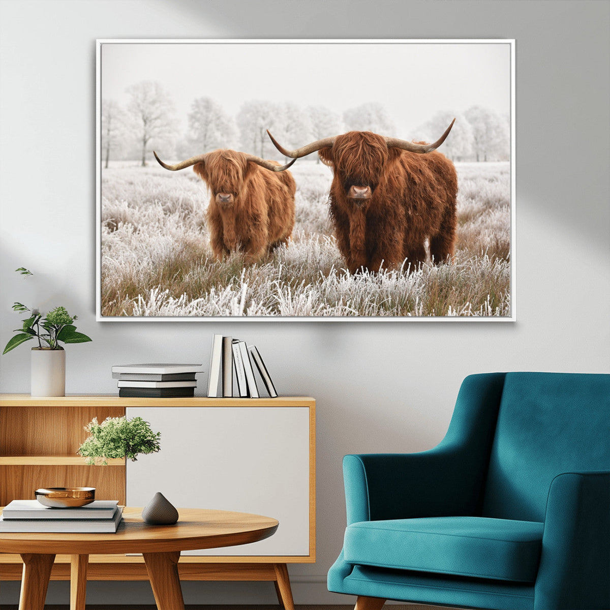 Longhorn Cattle Wall Art Canvas Print, Framed Farmhouse