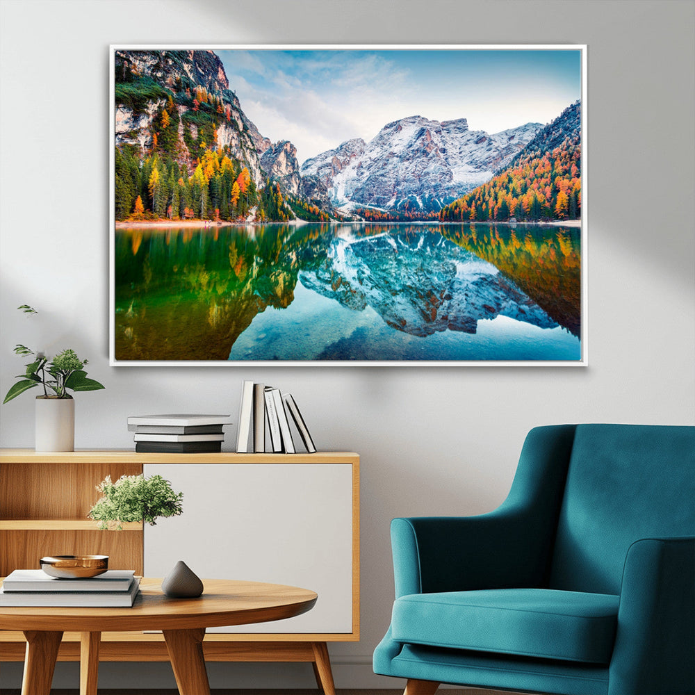 Spectacular autumn view of Braies Lake Wall Art Canvas Print