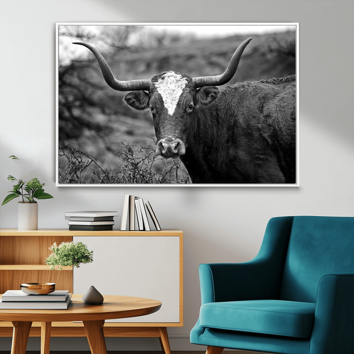Western Home Wall Art Canvas Print, Framed Texas Longhorn
