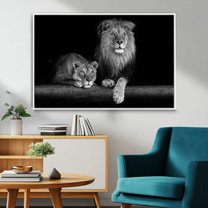 Large Black and White Lion Couple Wall Art Canvas Print –