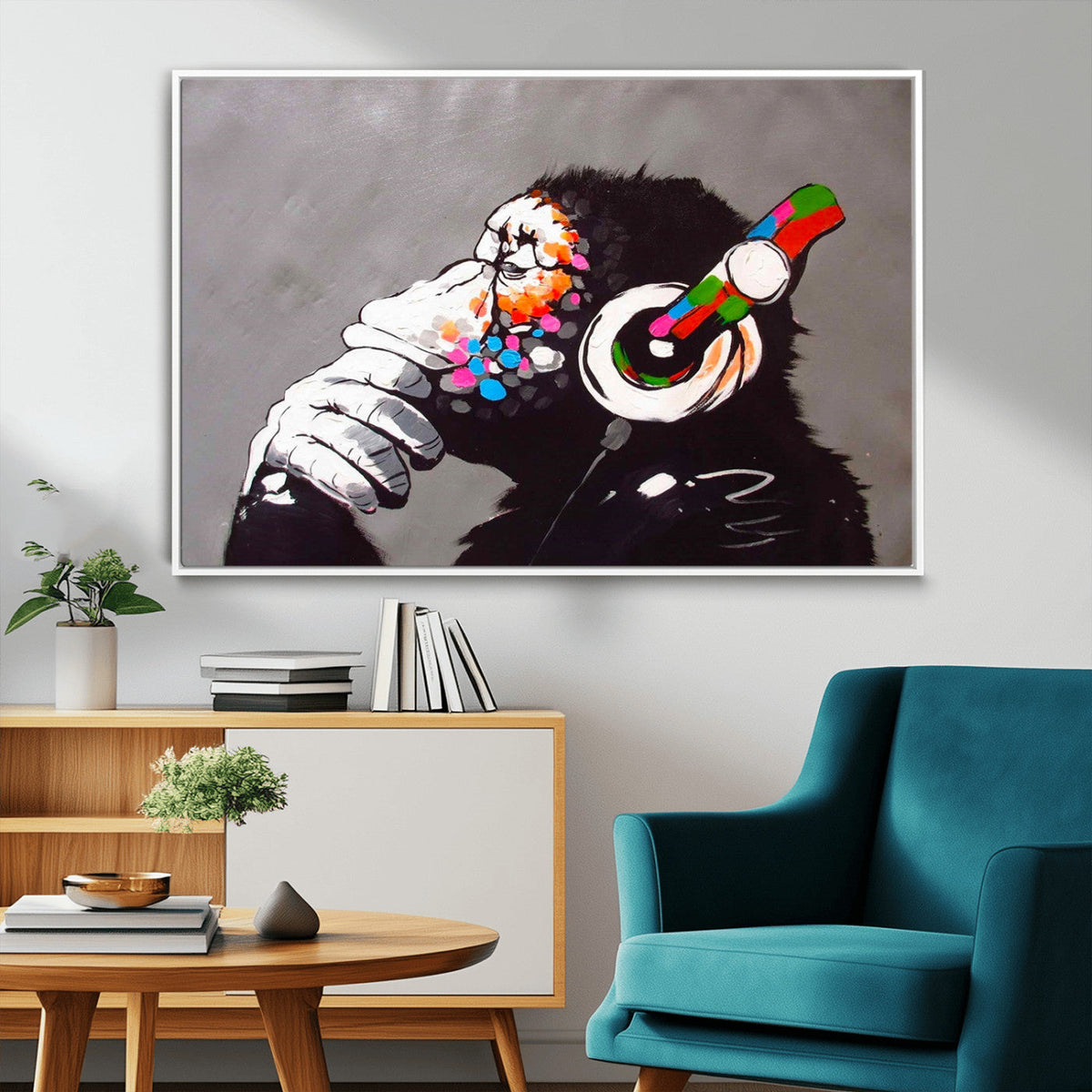 Dj Monkey Listening to Music Wall Art Print | Banksy Monkey