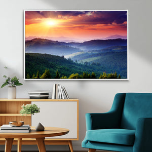 Beautiful Sunset over Hills Forest Landscape Canvas Wall Art