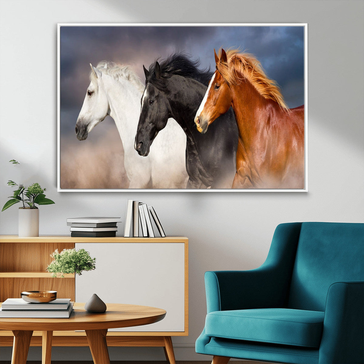 Animal Wall Art Three Horses Farmhouse Art Canvas, Framed