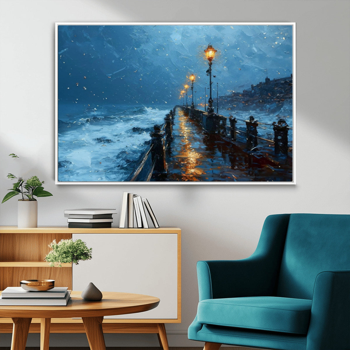 Stormy Night at Beach Pier Oil Painting Large Wall Art
