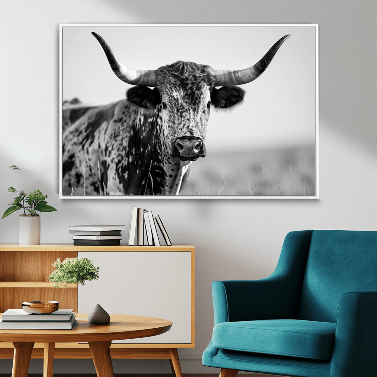 Texas Highland Cow Longhorn Canvas Print - Rustic Farmhouse