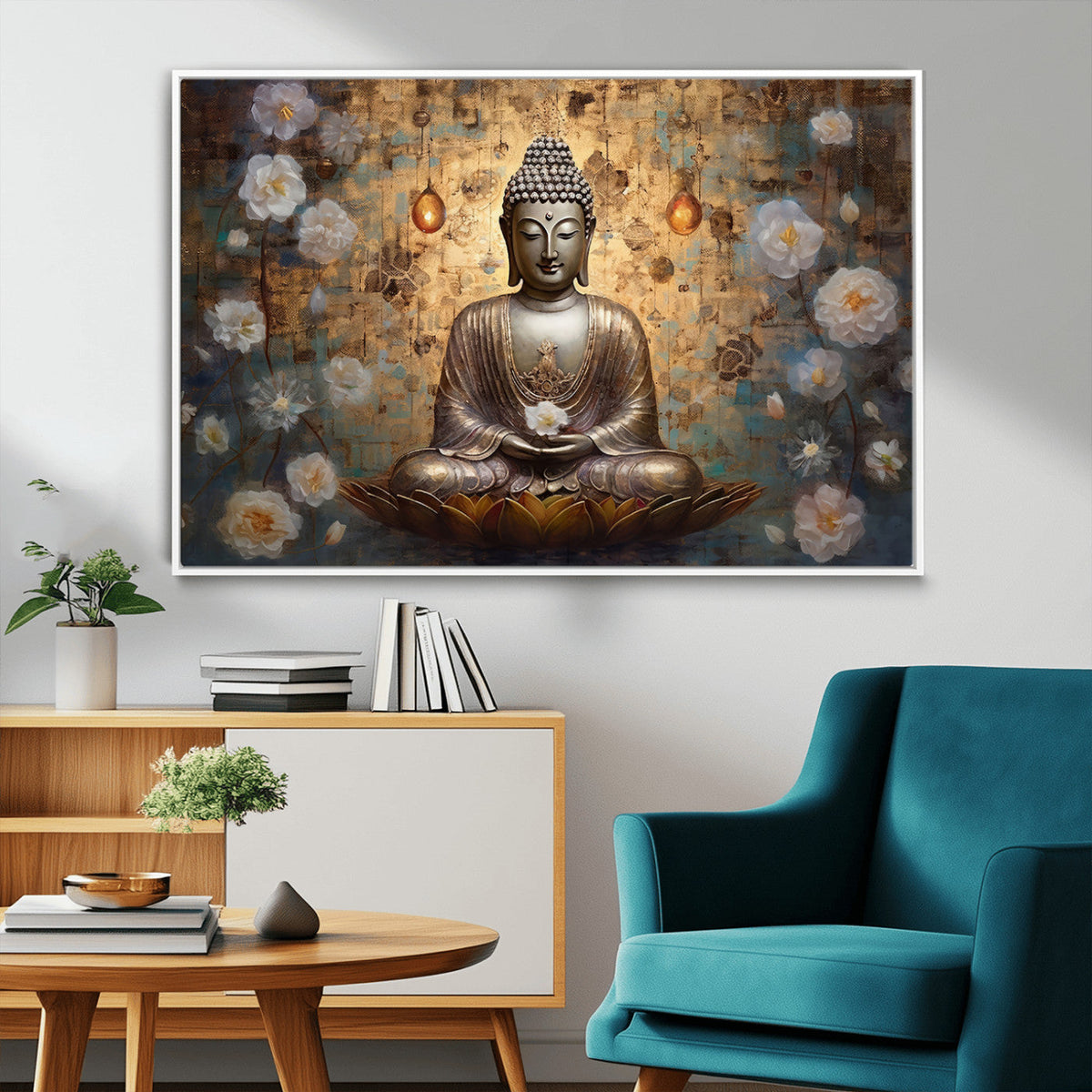 Golden Buddha Wall Art Canvas Print | Zen Meditation Floral