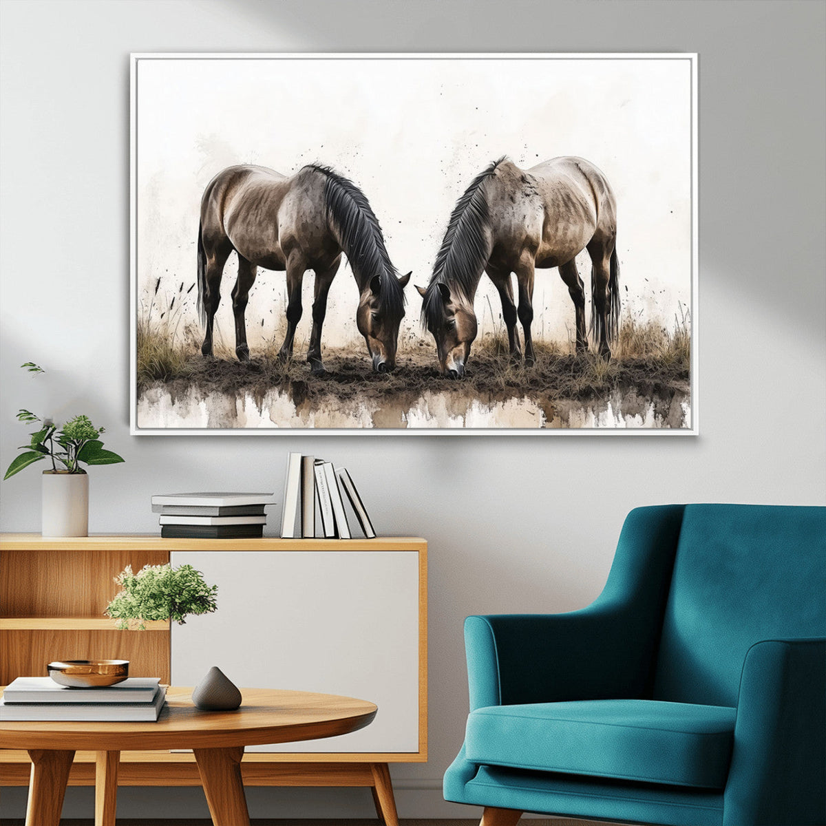 Chines Ink Style Horses Wall Art Canvas Print