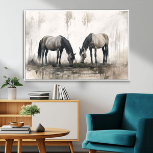 Chines Ink Style Vintage Horses Wall Art Canvas Print for