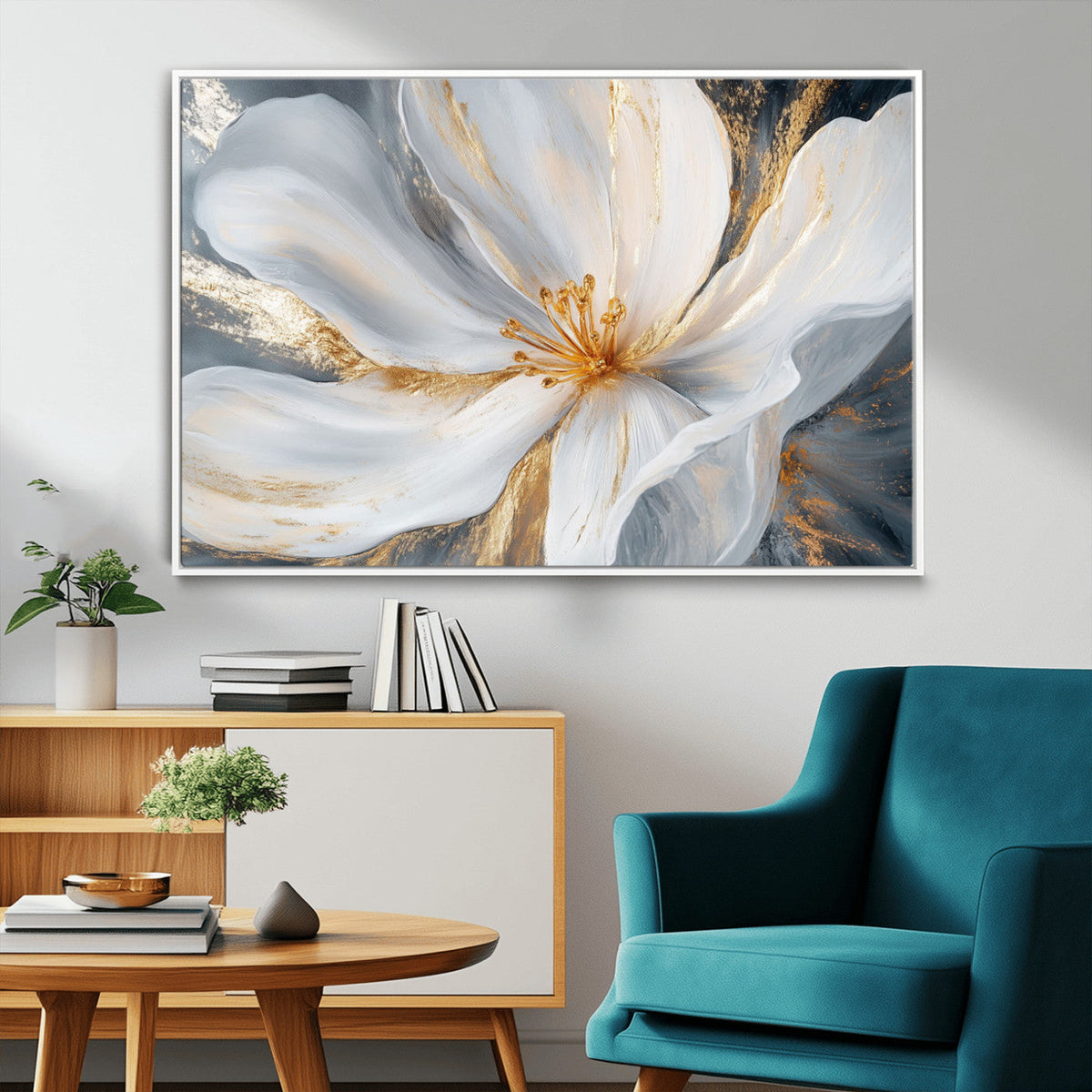 White and Gold Floral Canvas Wall Art - Framed and Ready to