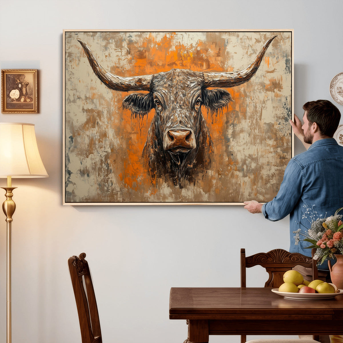 Abstract Cow Longhorn Bull Wall Art Canvas Print - Rustic