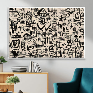 Abstract Love and Chaos Canvas Print, Black Symbols on Beige