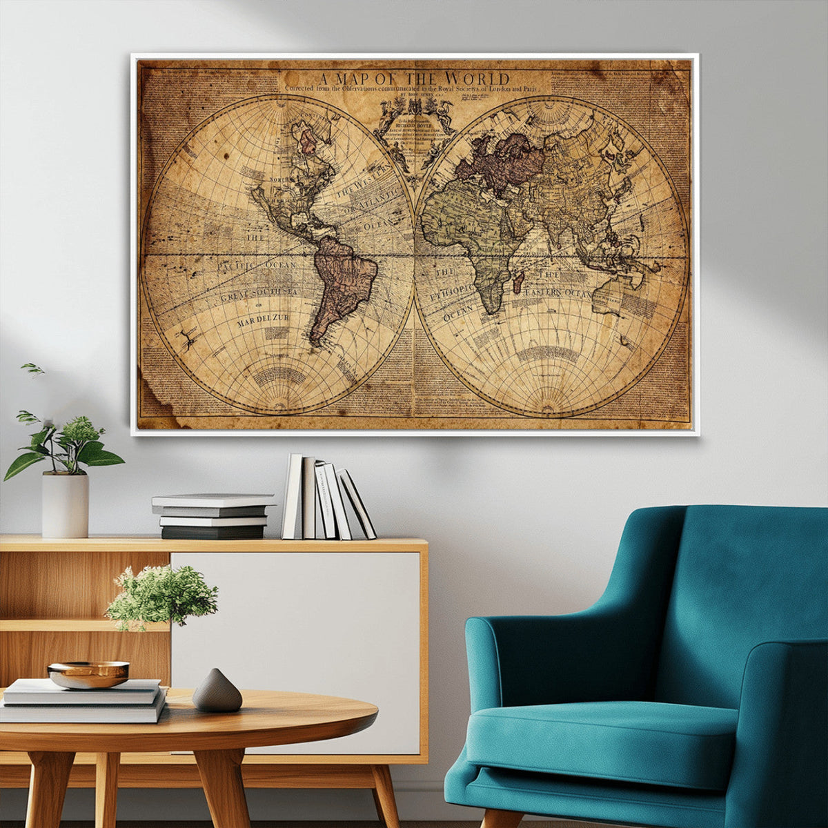 Vintage World Map Wall Art Canvas – Antique Style Push Pin