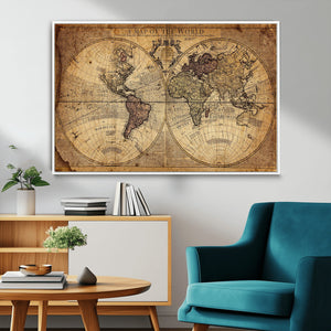 Vintage World Map Wall Art Canvas – Antique Style Push Pin