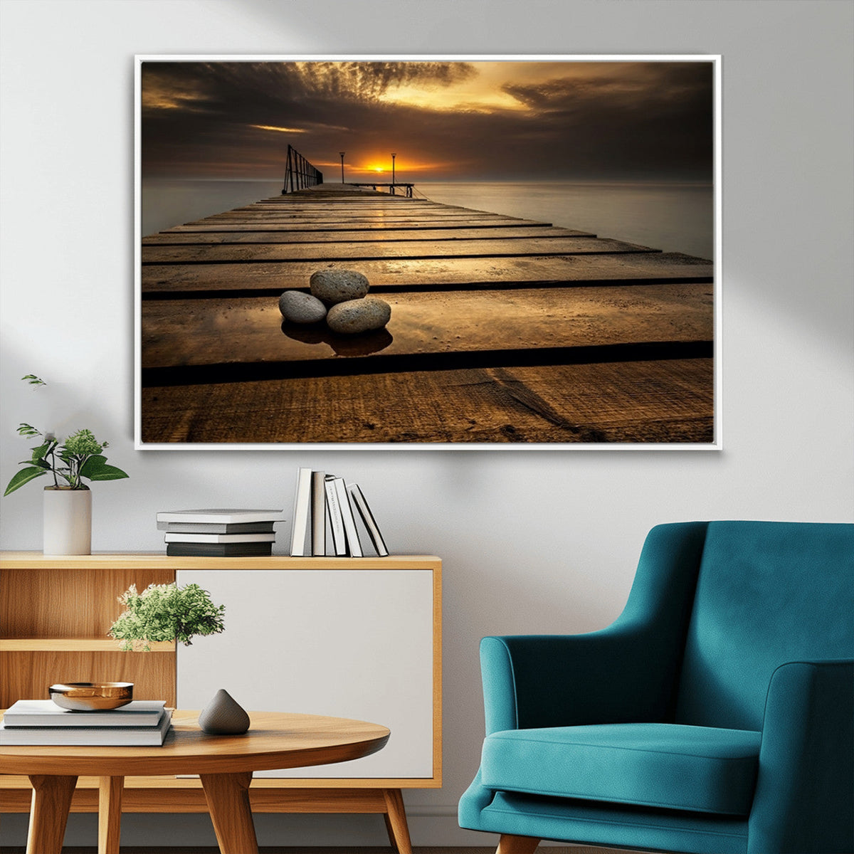 Stones on Wooden Pier at Sunset Canvas Print, Serene Coastal