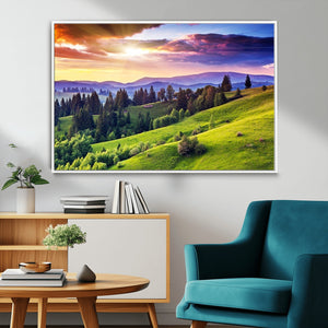Green Hills and Sunset Wall Art Print - Scenic Landscape