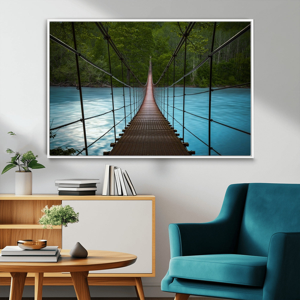 Suspension Bridge Over River Canvas Art | 3-Panel Nature