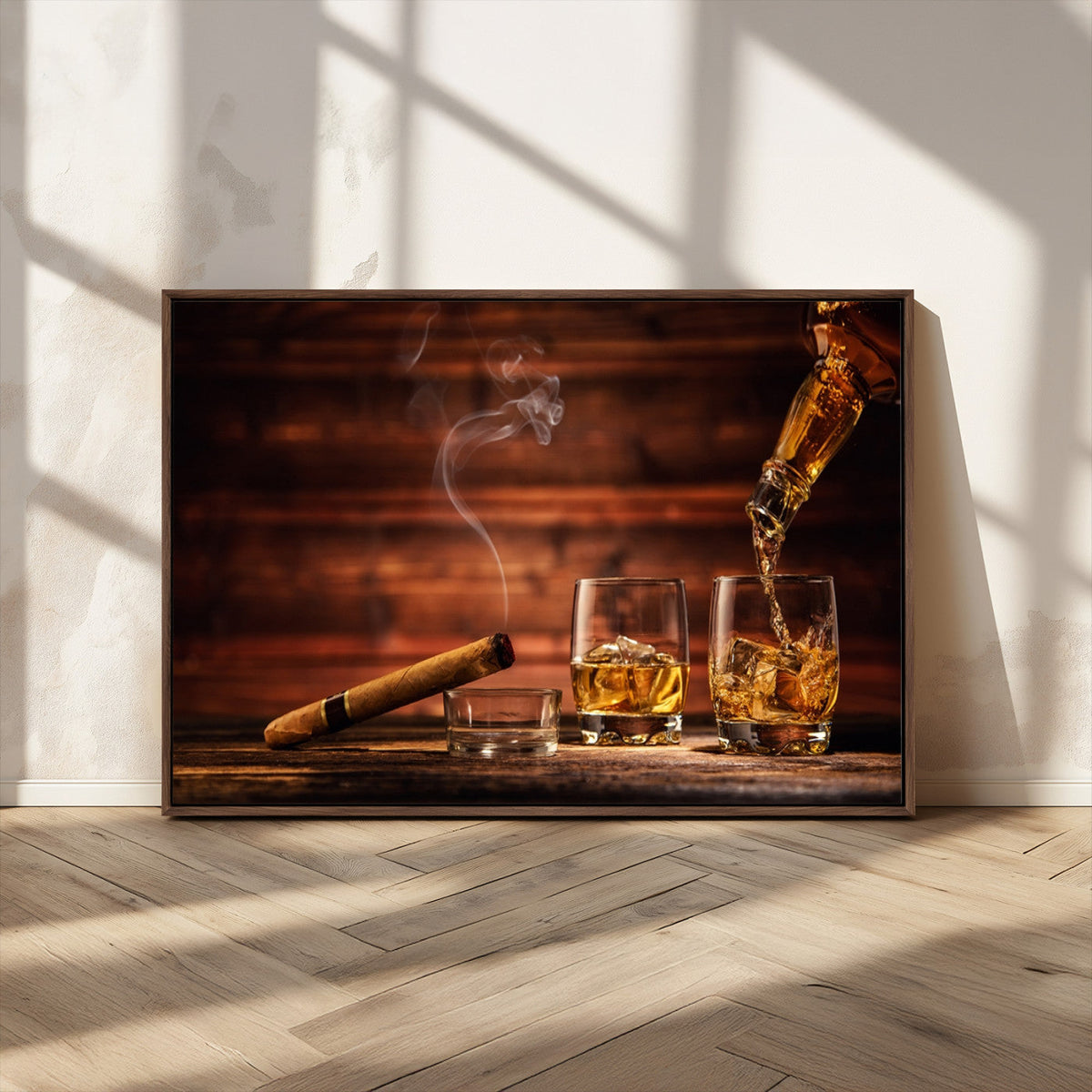 Whiskey and Cigar Wall Art Canvas | 3 Panel Bar Room Decor
