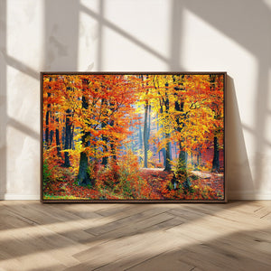 Autumn Red Forest Triptych Canvas Wall Art Print, Forest