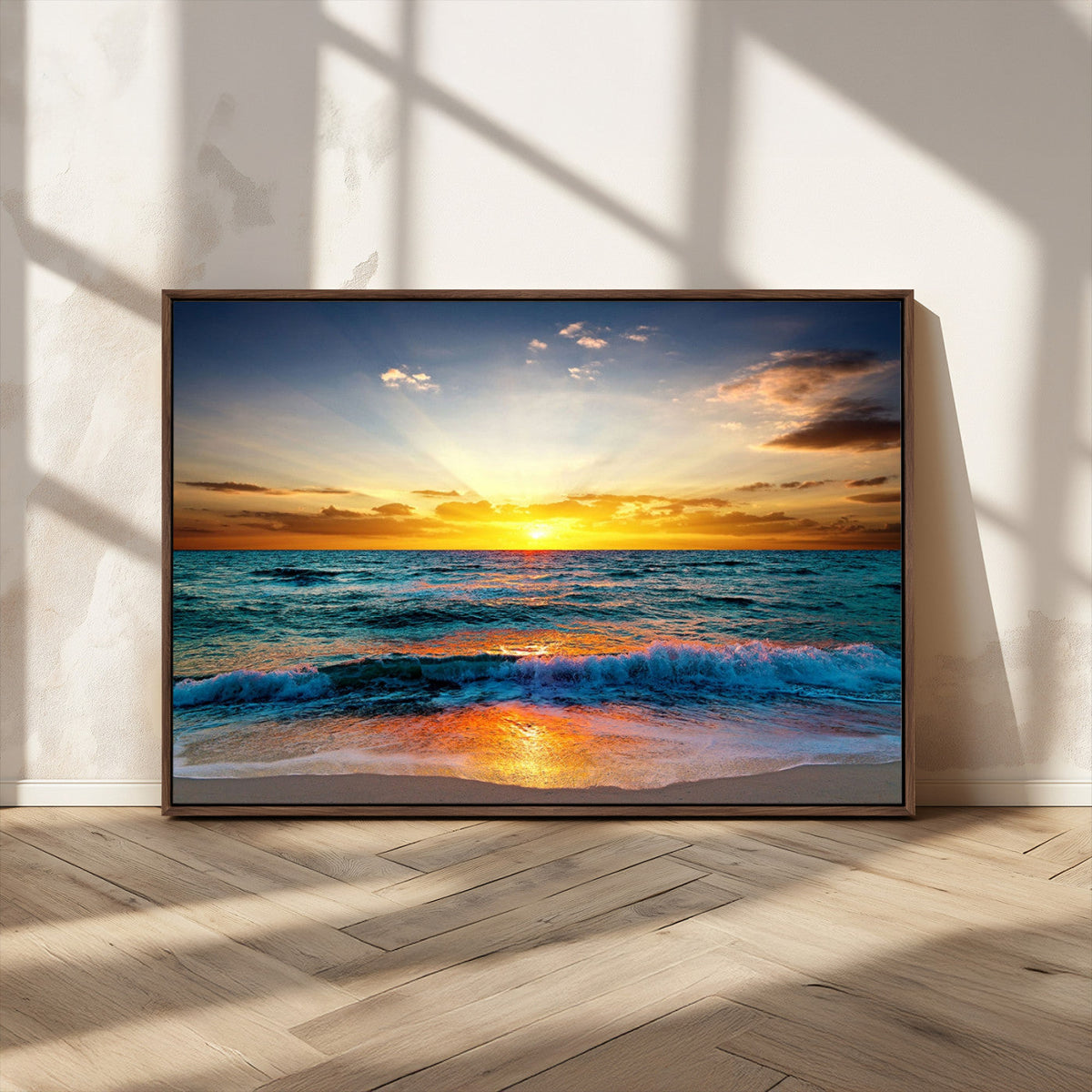 Vibrant Ocean Sunrise Over Golden Beach Waves, Giclee Canvas