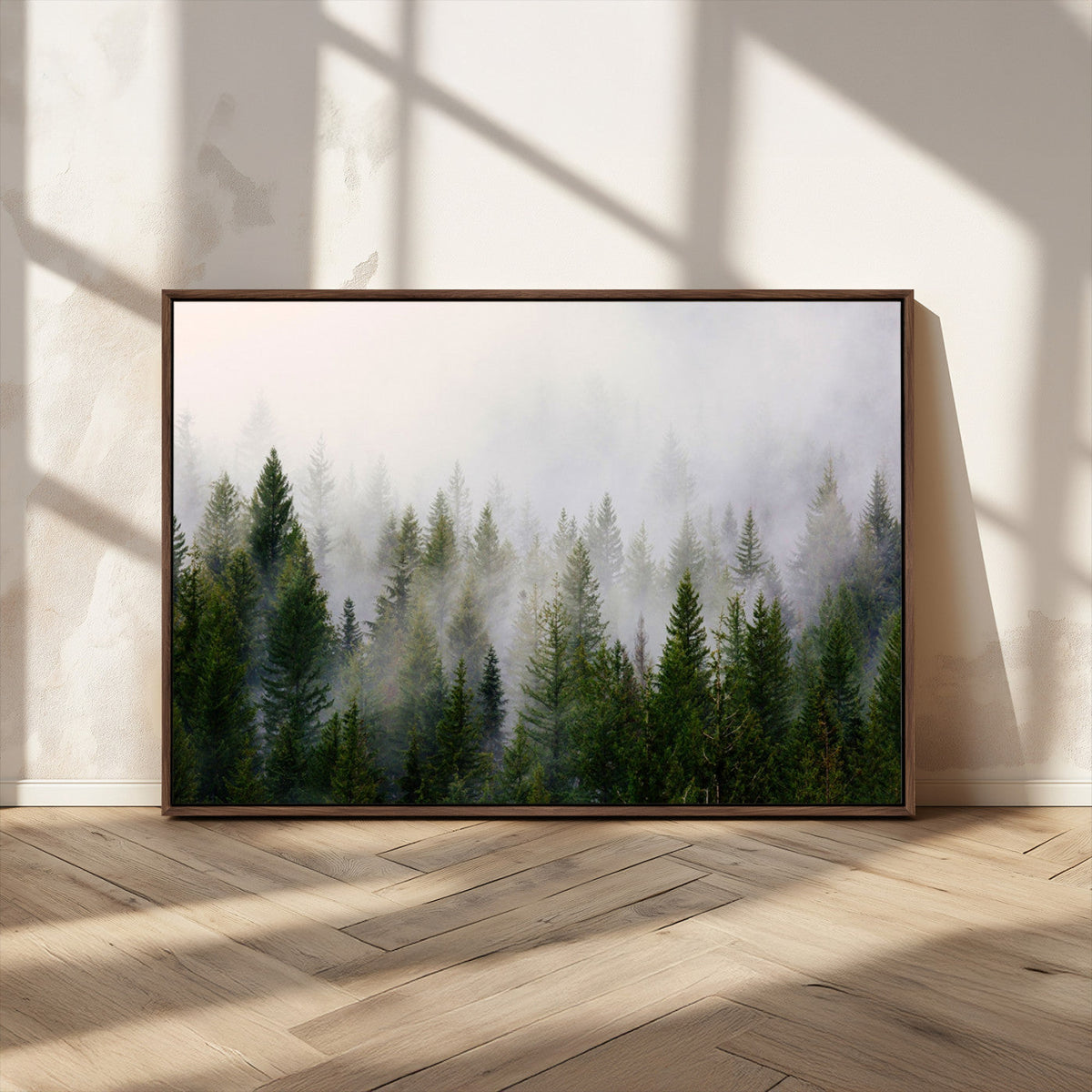 Misty Pine Forest Wall Art Canvas Print | 3 Panel Green