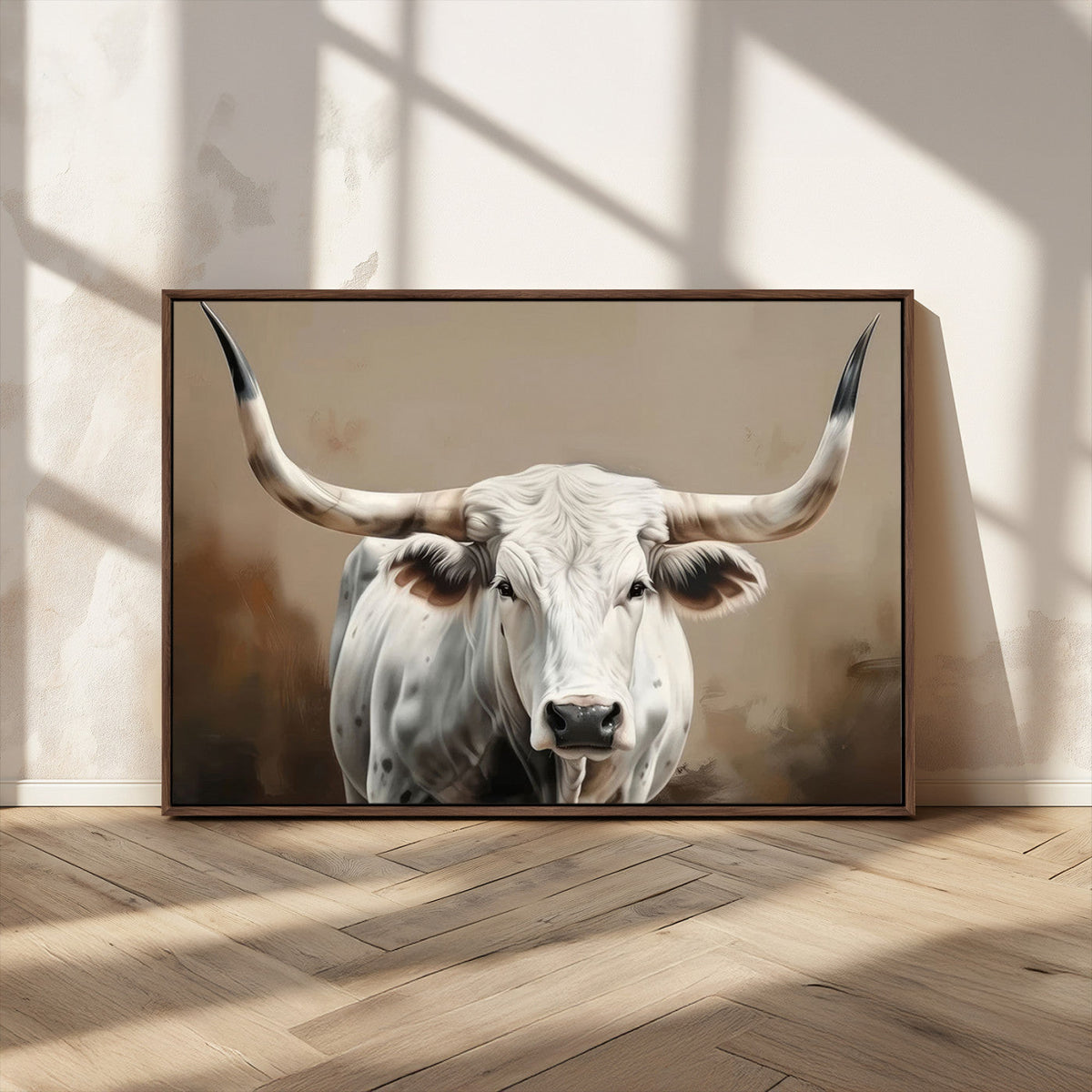 White Longhorn Bull Wall Art Canvas Print – Framed and Ready