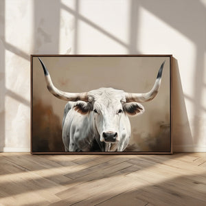White Longhorn Bull Wall Art Canvas Print – Framed and Ready