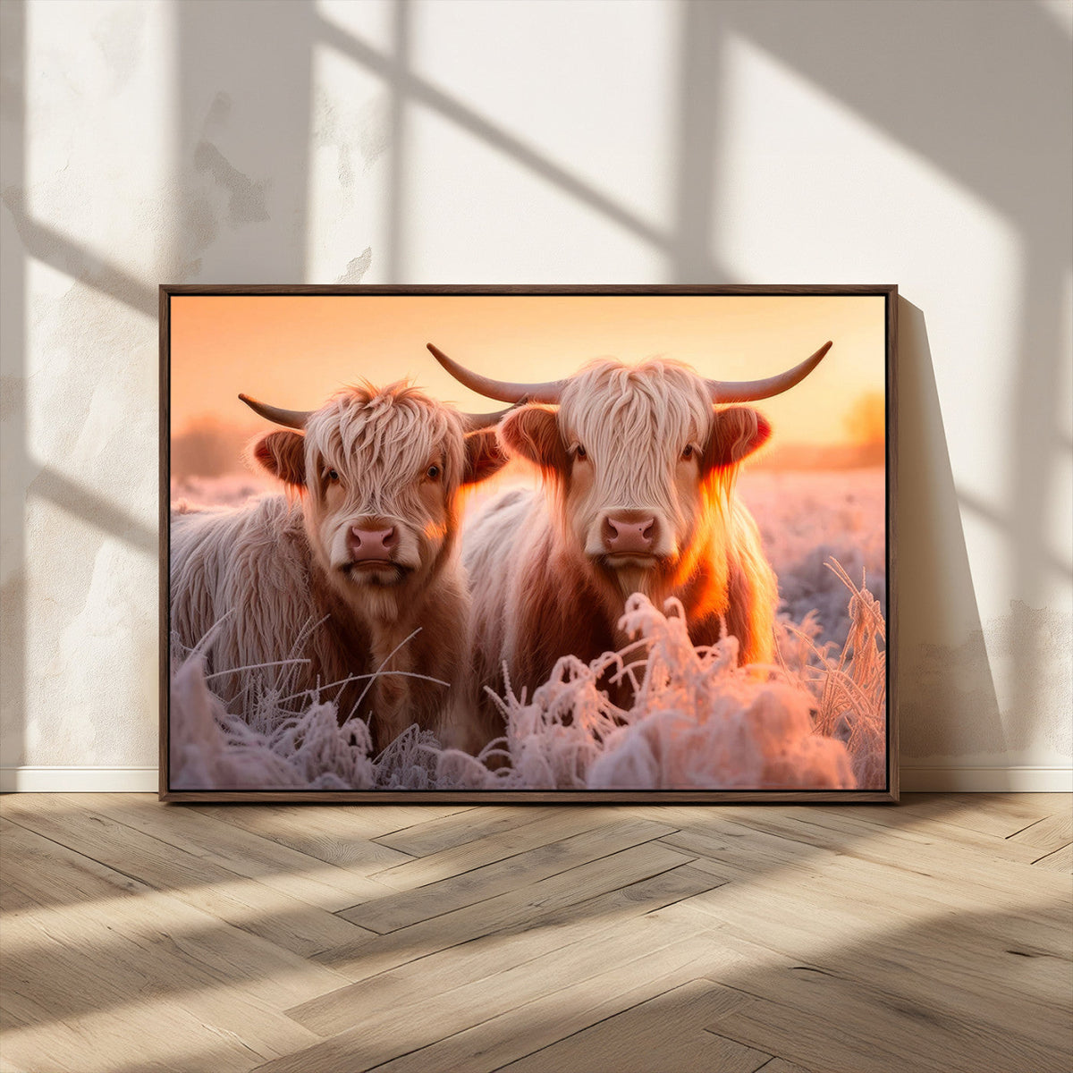 Highland Cows at Sunrise Wall Art Canvas Set – Serene and