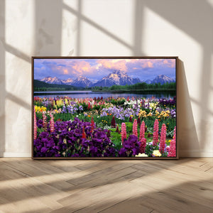 Vibrant Wildflower Garden and Mountain View Giclee Canvas
