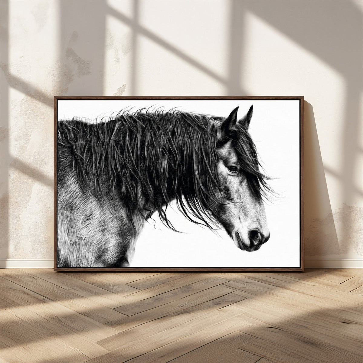 Majestic Horse Wall Art – Framed Black White Portrait Canvas