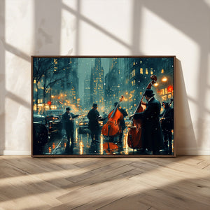 Urban Night Jazz Wall Art Canvas Print – Moody Rain-Soaked