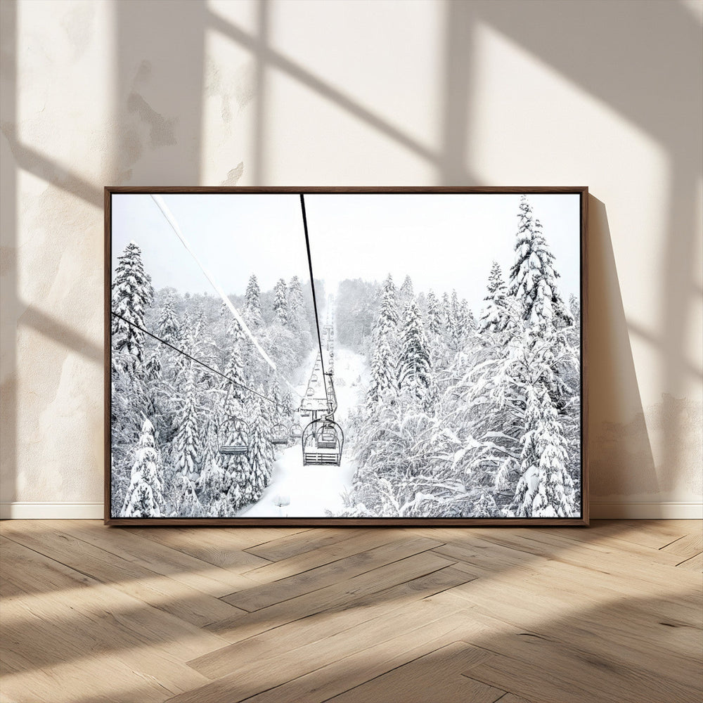 Snowy Ski Lift Wall Art – Framed Winter Mountain Canvas