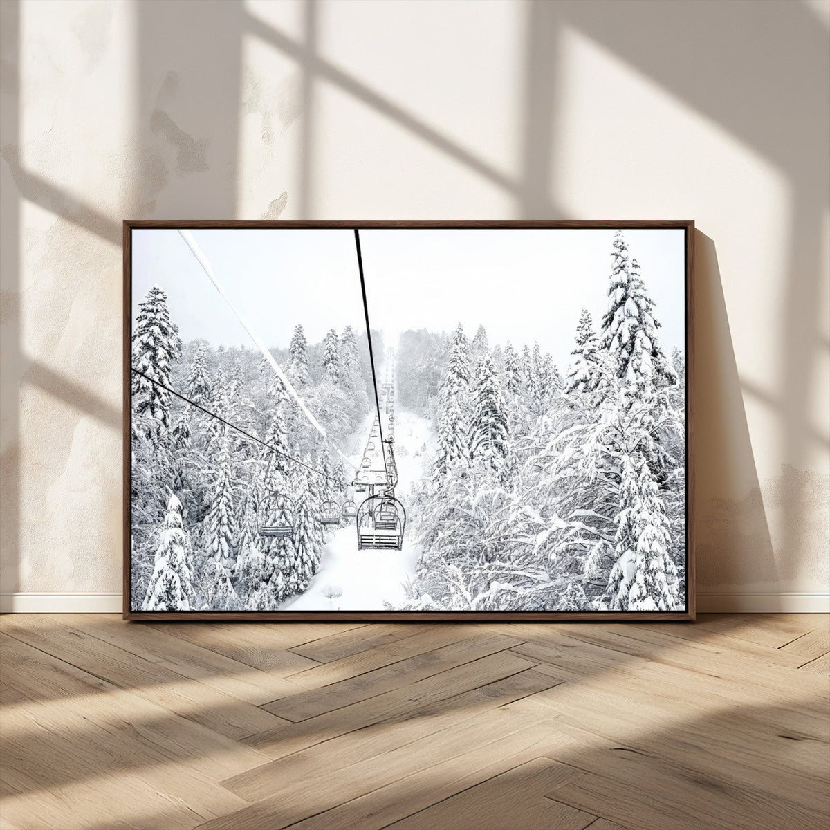 Snowy Ski Lift Wall Art – Framed Winter Mountain Canvas