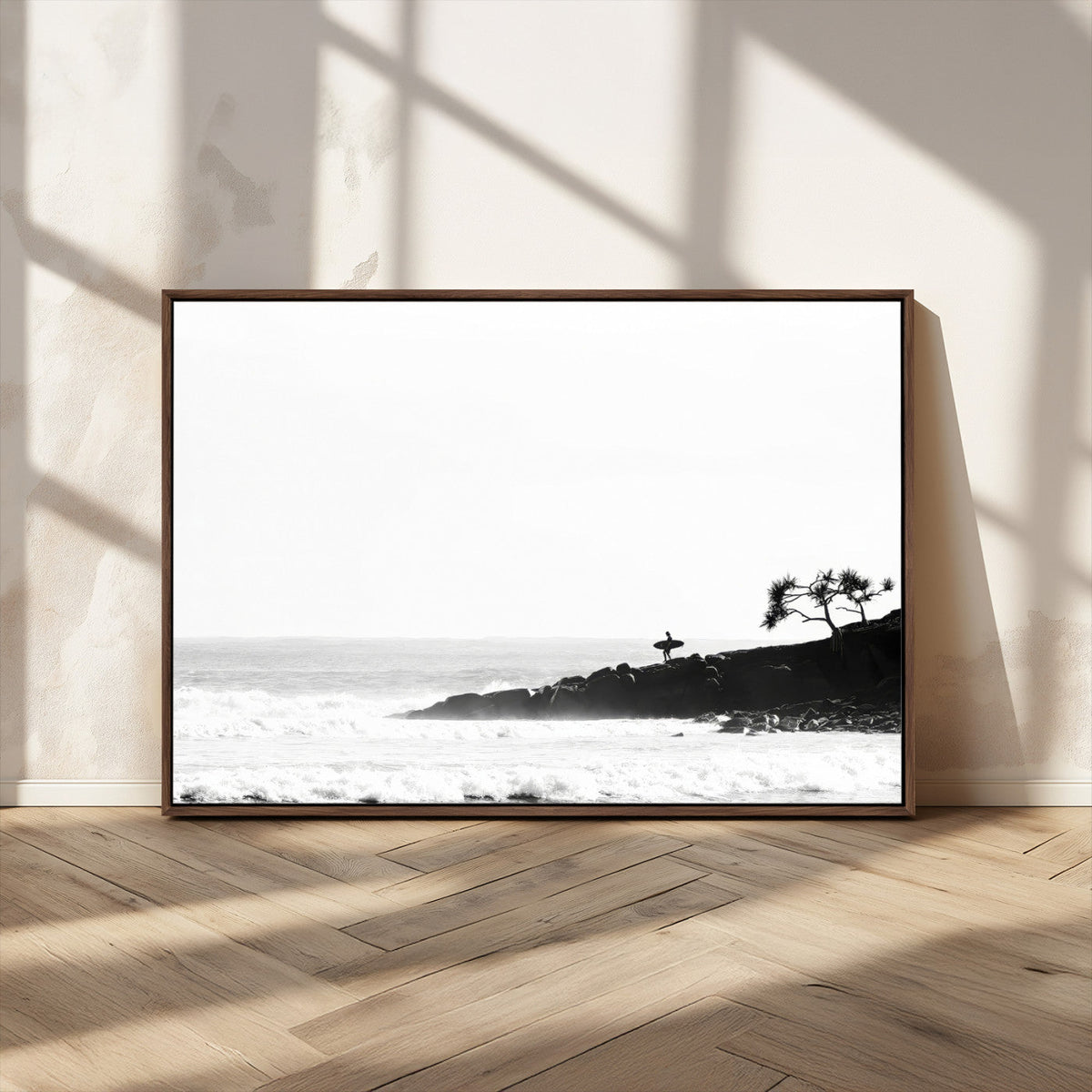Surfer Cliffs Wall Art Canvas Print – Framed Black White