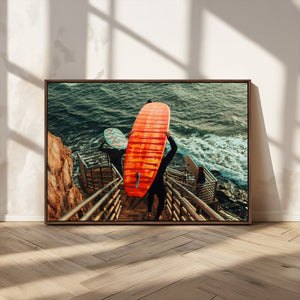 Surfer Stairway Wall Art – Framed Ocean Surf Canvas Artwork,