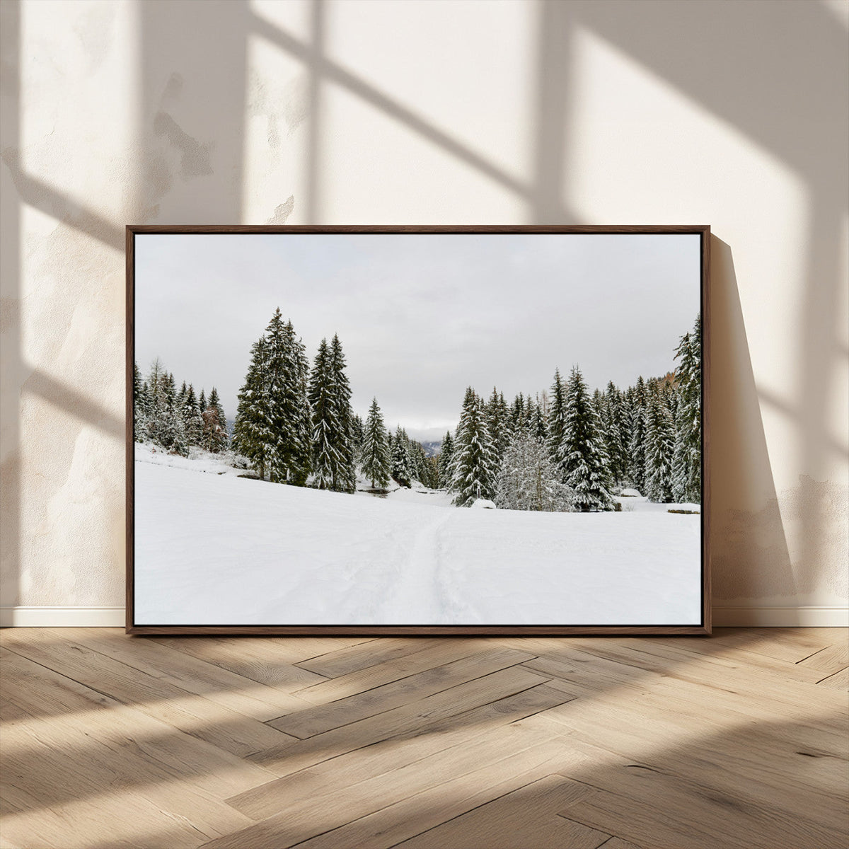 Frosty Pines Wall Art Canvas Print – Framed Silent Snowfall