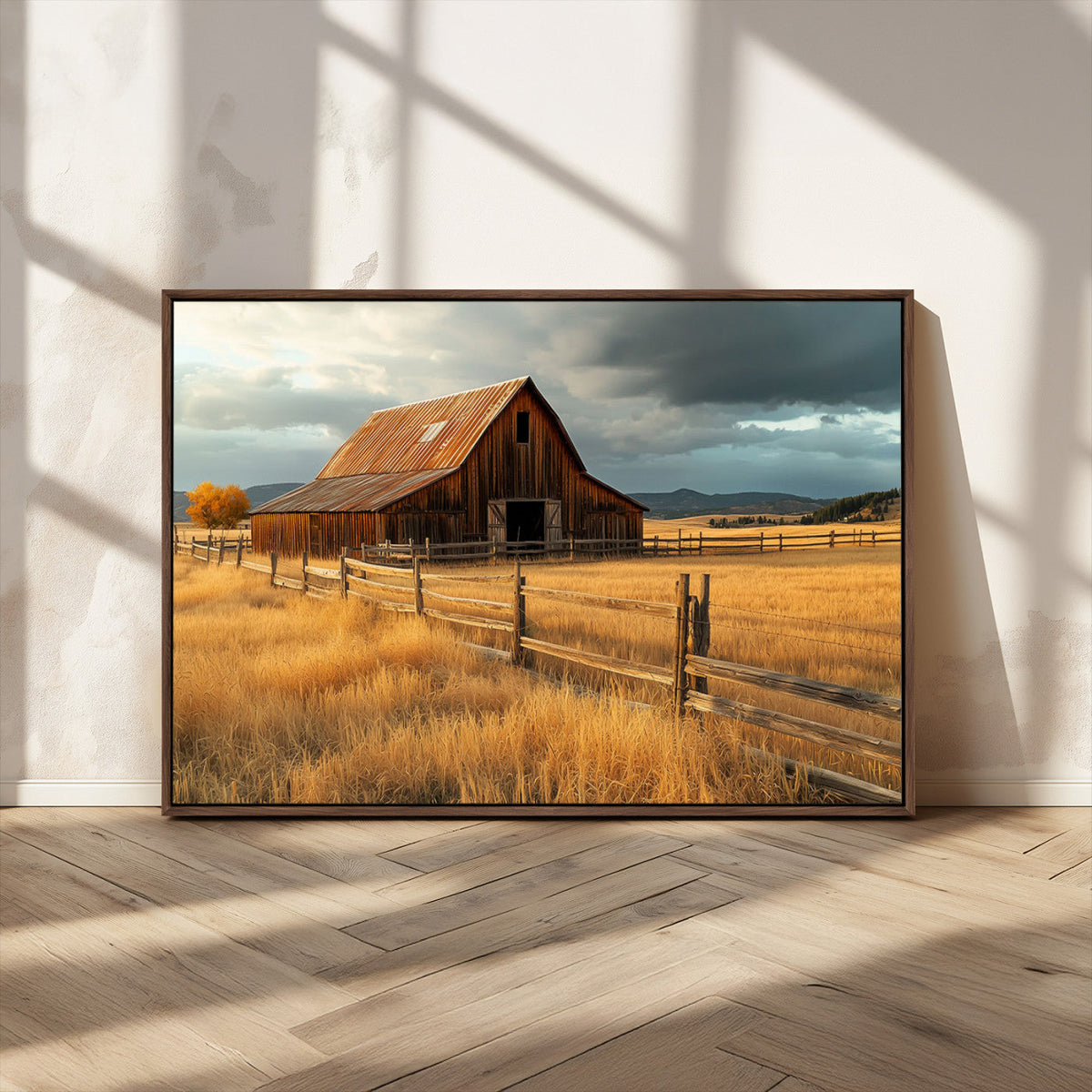 Golden Sunset Barn Wall Art Canvas Print, Rustic Autumn Farm
