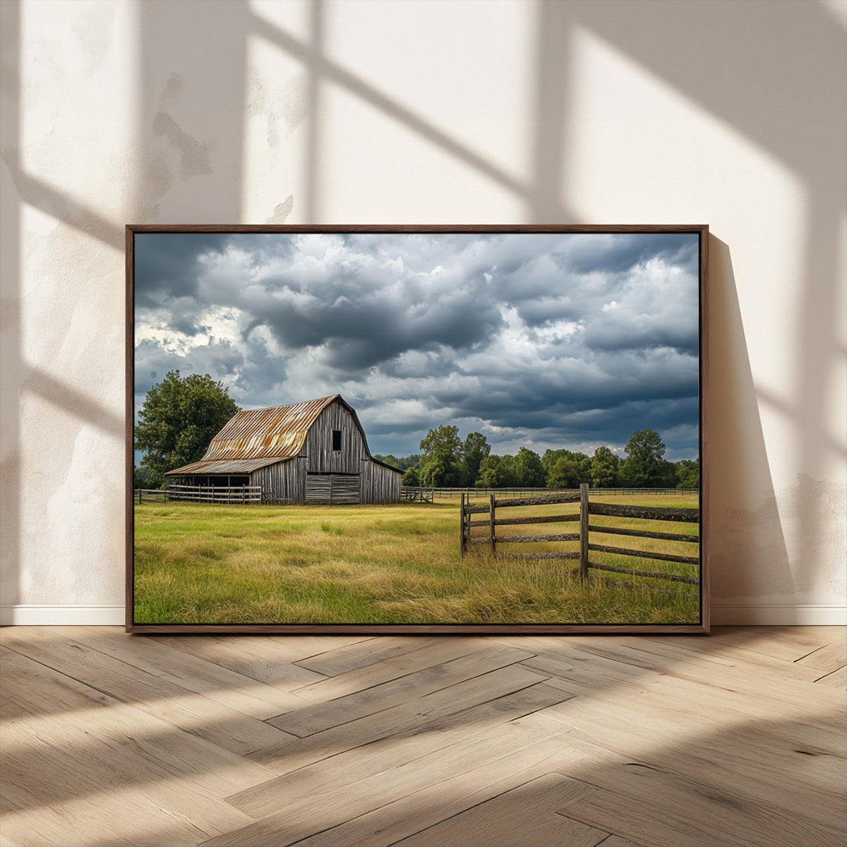 Rustic Stormy Barn Wall Art Canvas Print, Moody Country Farm