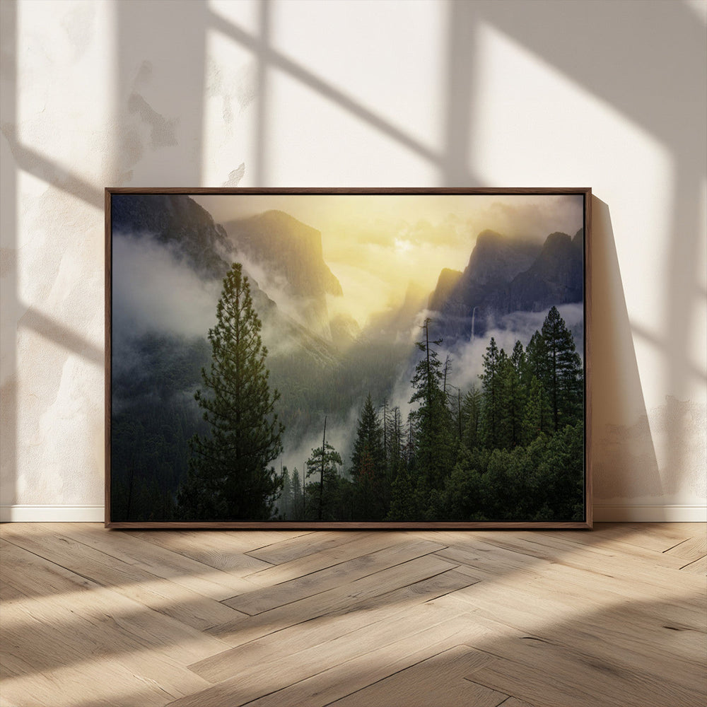 Misty Mountain Valley Wall Art Canvas Print, Golden Sunrise