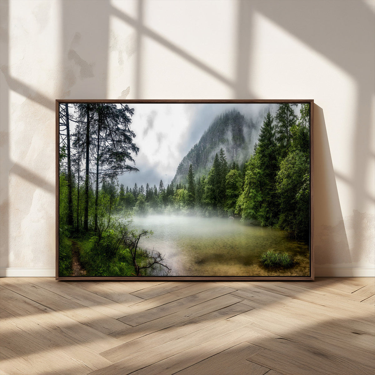Misty Lake Forest Wall Art – Green Trees Calm Water