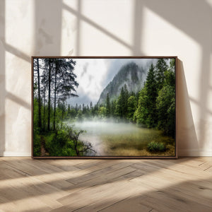 Misty Lake Forest Wall Art – Green Trees Calm Water