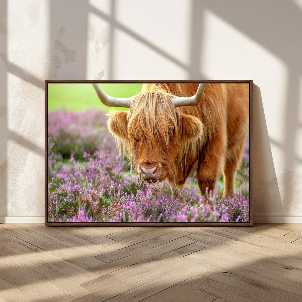 Highland Cow Wall Art Canvas Print – Framed Purple Flowers
