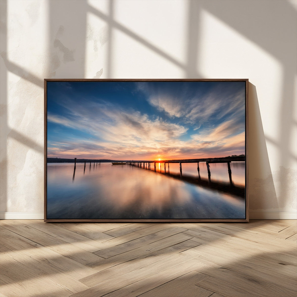 Wooden Pier on Seascape and Sunset Wall Art Canvas Print