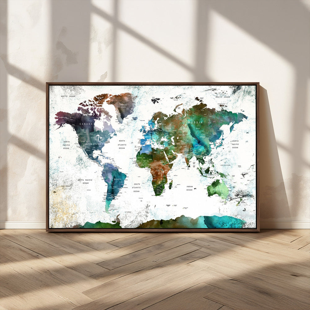 Modern Watercolor World Map Canvas Wall Art – Framed