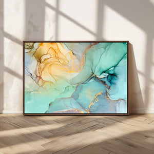 Abstract Aqua and Gold Fluid Wall Art Canvas | 3 Panel Large