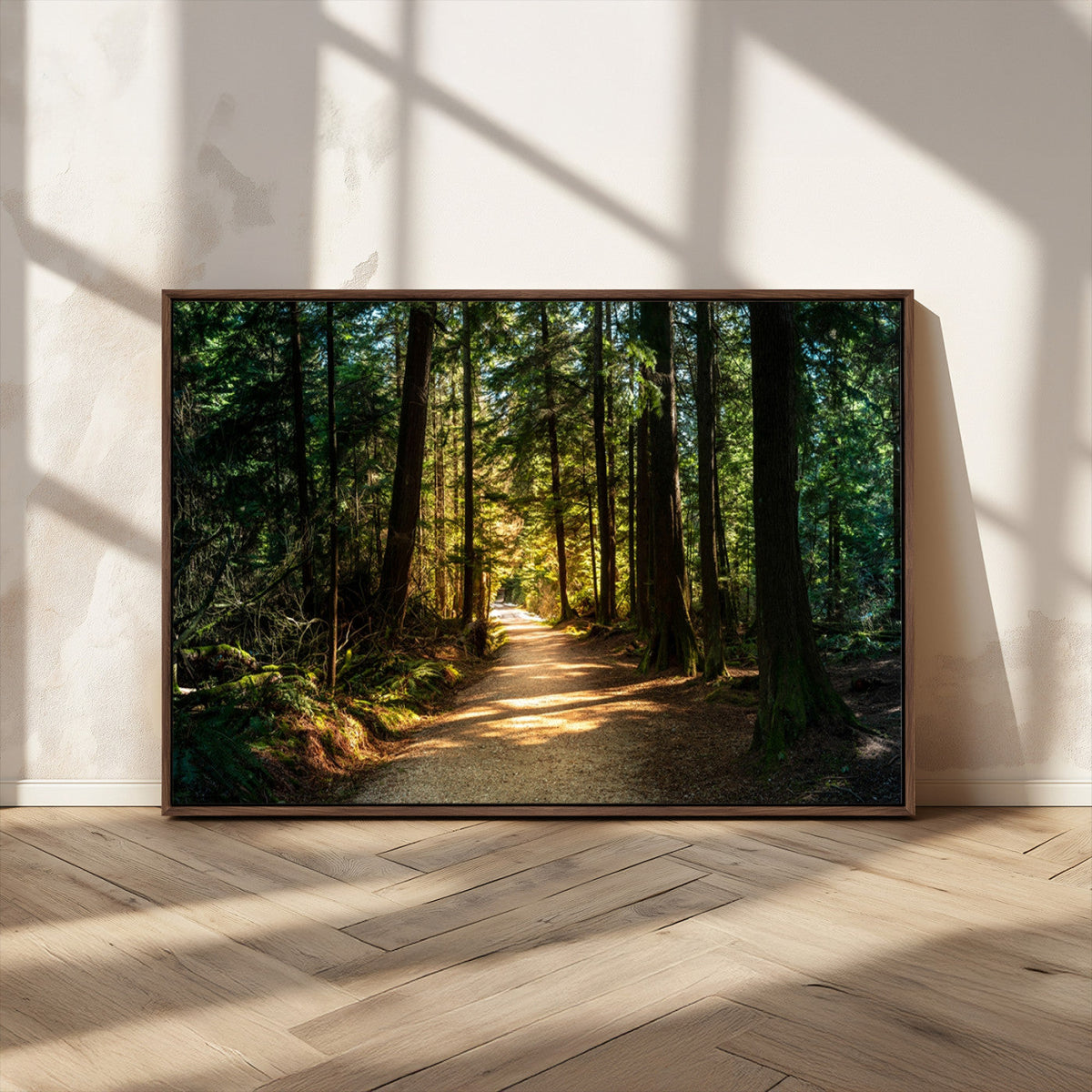 Sunlit Forest Pathway Canvas Print | 3 Panel Large Nature