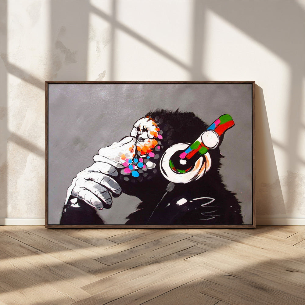 Dj Monkey Listening to Music Wall Art Print | Banksy Monkey