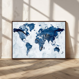 Modern Blue World Map Canvas Print – Framed Wall Art,