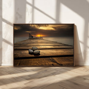 Stones on Wooden Pier at Sunset Canvas Print, Serene Coastal